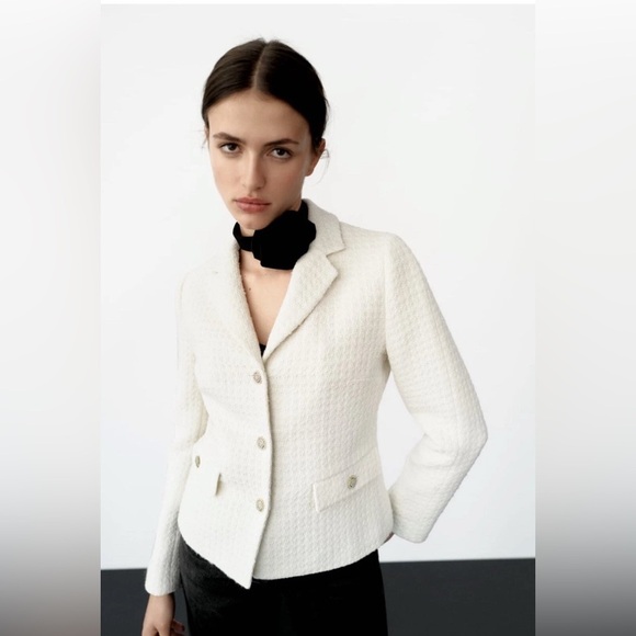 ZARA Cream / white blazer jacket Rhinestones Classy Simple Tweed Sz M - Picture 1 of 16